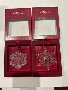 Vintage Mikasa Clear Crystal Snowflake Ornaments with Red Ribbons - Set of 2